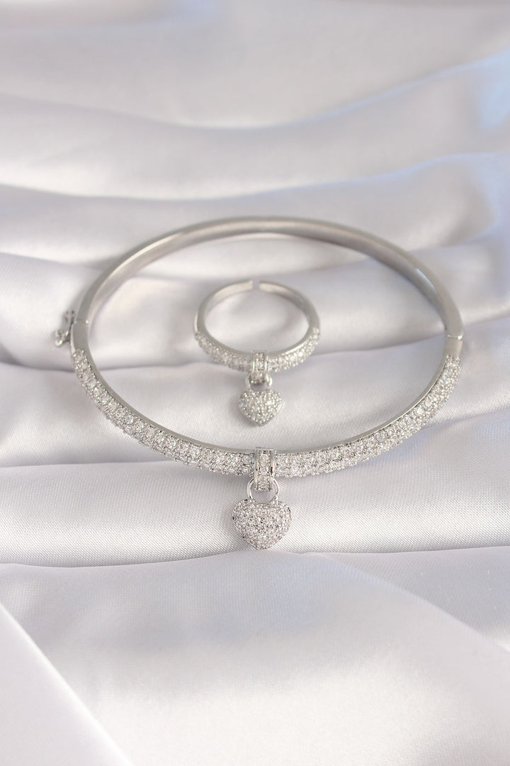 EBJ Rice Gold Color Zircon Stone Pendant Heart Figure VIP Series Cuff Ring Set - Uman