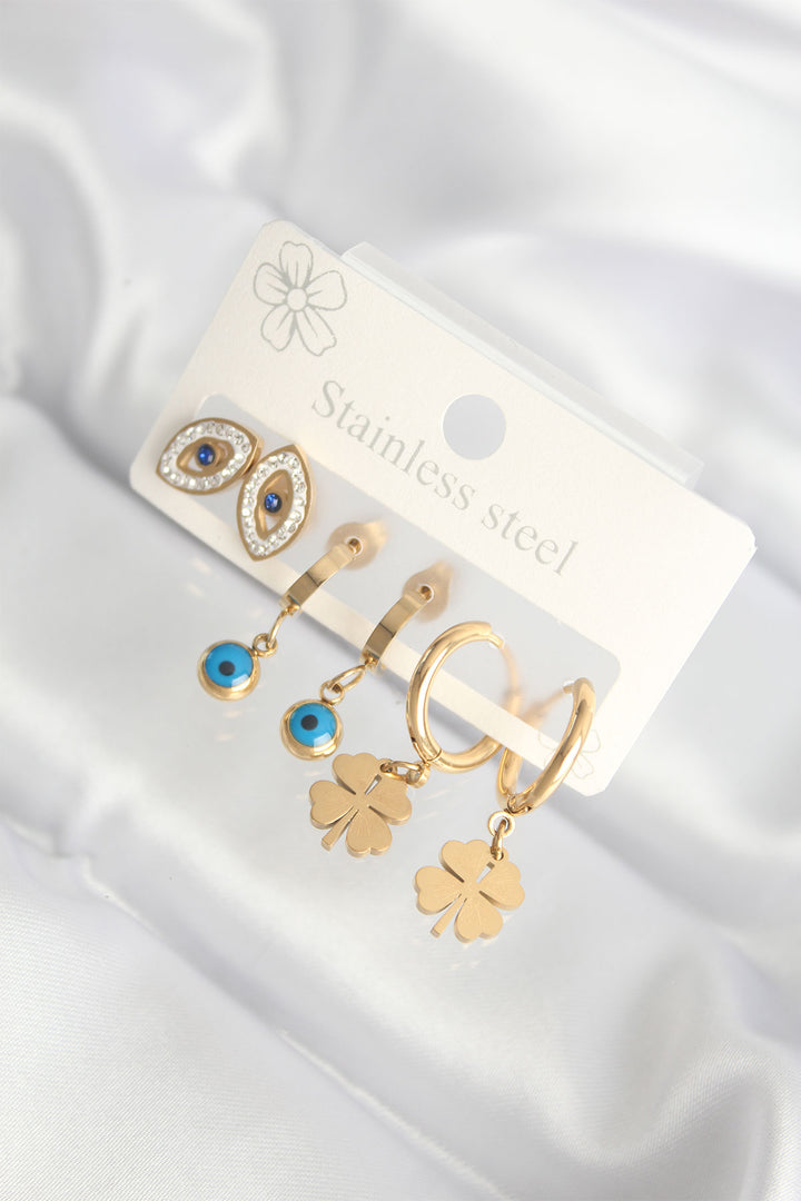 EBJ 316L Steel Stone-Set Gold Color Clover Earring Set with Evil Eye Bead - Piteşti
