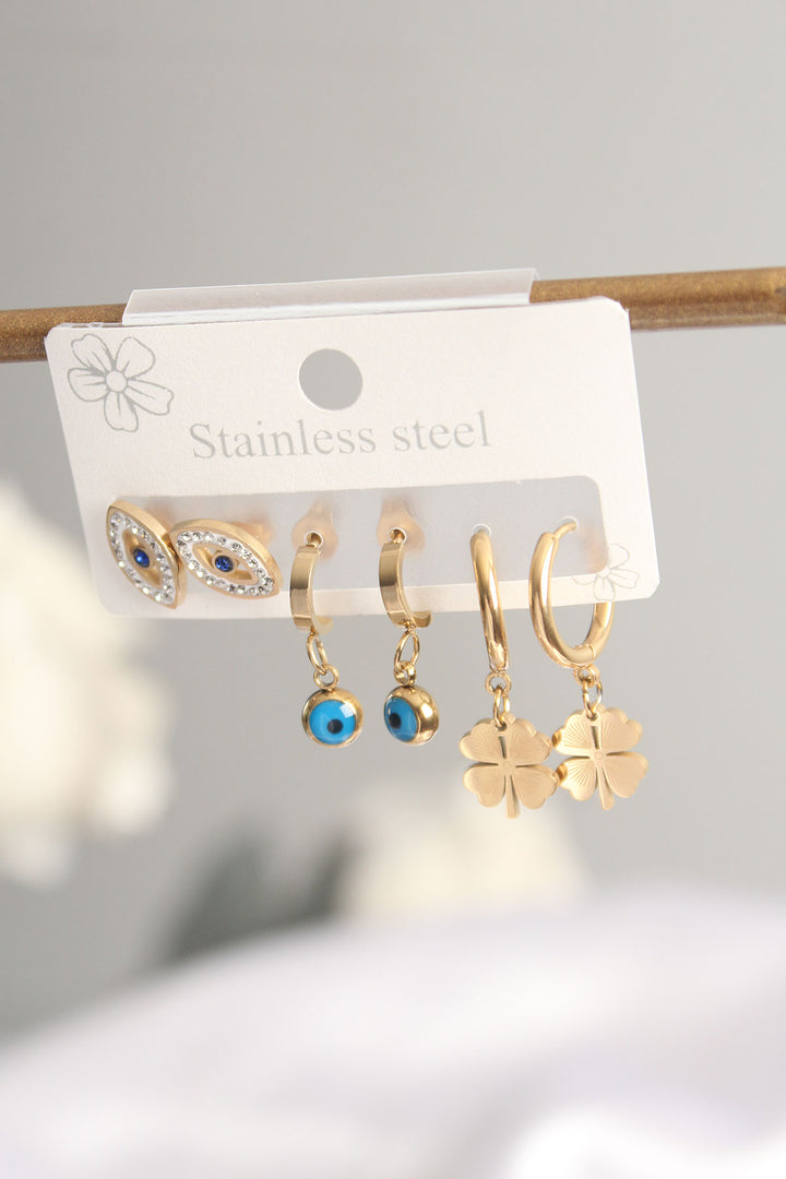 EBJ 316L Steel Stone-Set Gold Color Clover Earring Set with Evil Eye Bead - Piteşti