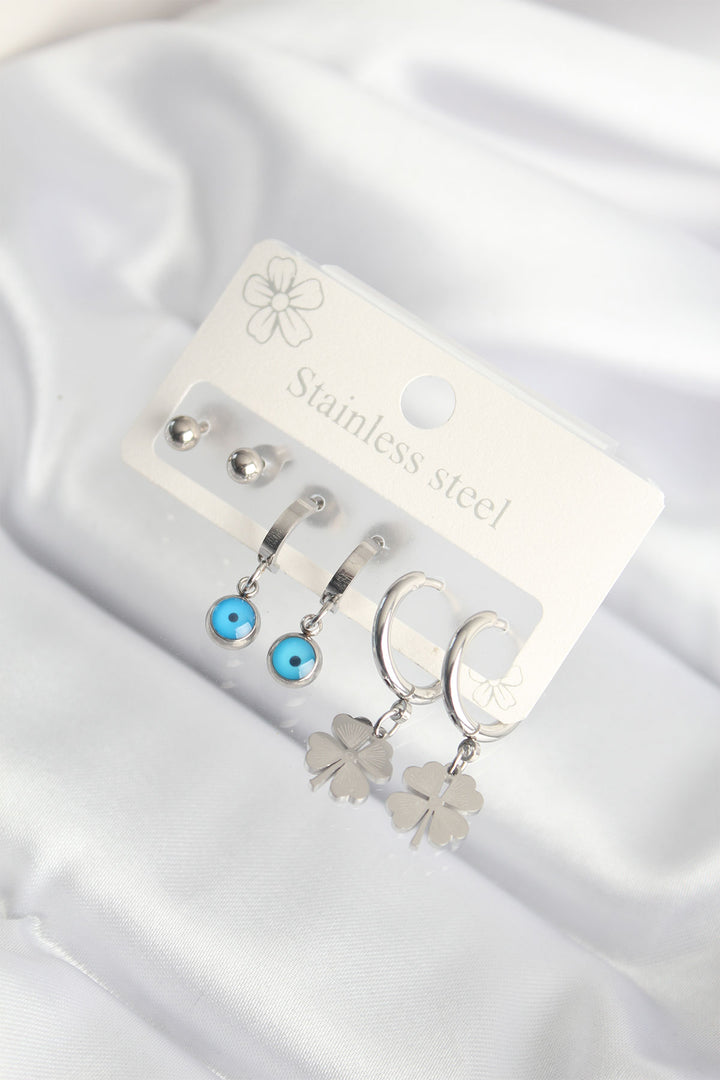 EBJ 316L Stainless Steel Silver Color Clover Earring Set with Evil Eye Bead - Teramo