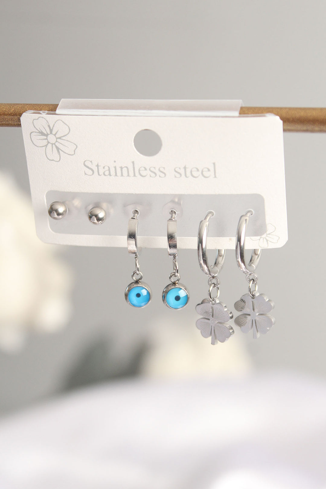 EBJ 316L Stainless Steel Silver Color Clover Earring Set with Evil Eye Bead - Teramo