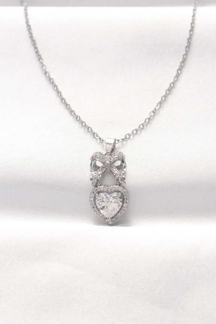 EBJ 316L Steel Silver Color Zircon Stone Heart Shaped Bow Necklace - Sartrouville