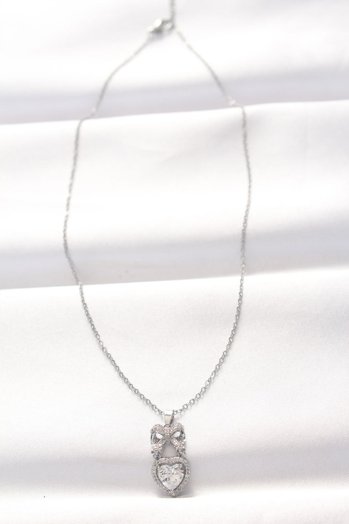 EBJ 316L Steel Silver Color Zircon Stone Heart Shaped Bow Necklace - Sartrouville