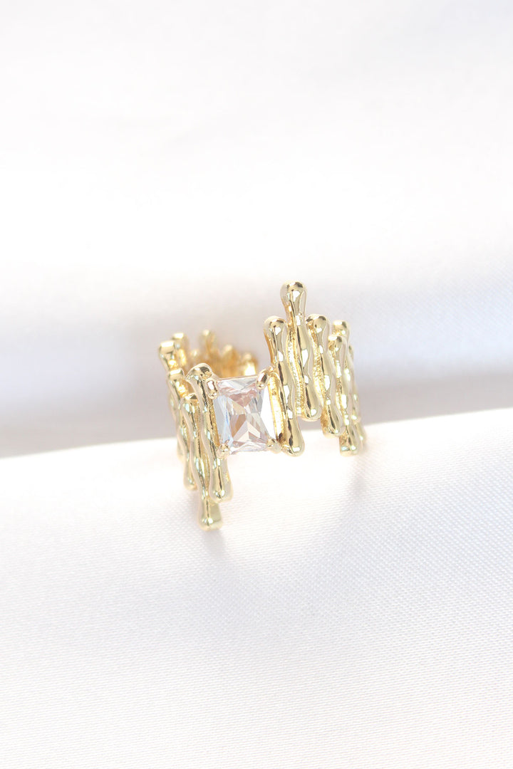 EBJ Gold Color Textured Thick Baguette Stone Design Adjustable Ring - Nelson