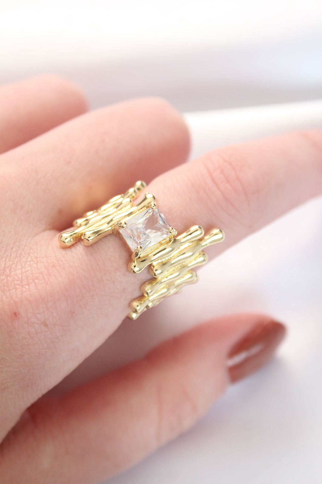 EBJ Gold Color Textured Thick Baguette Stone Design Adjustable Ring - Nelson