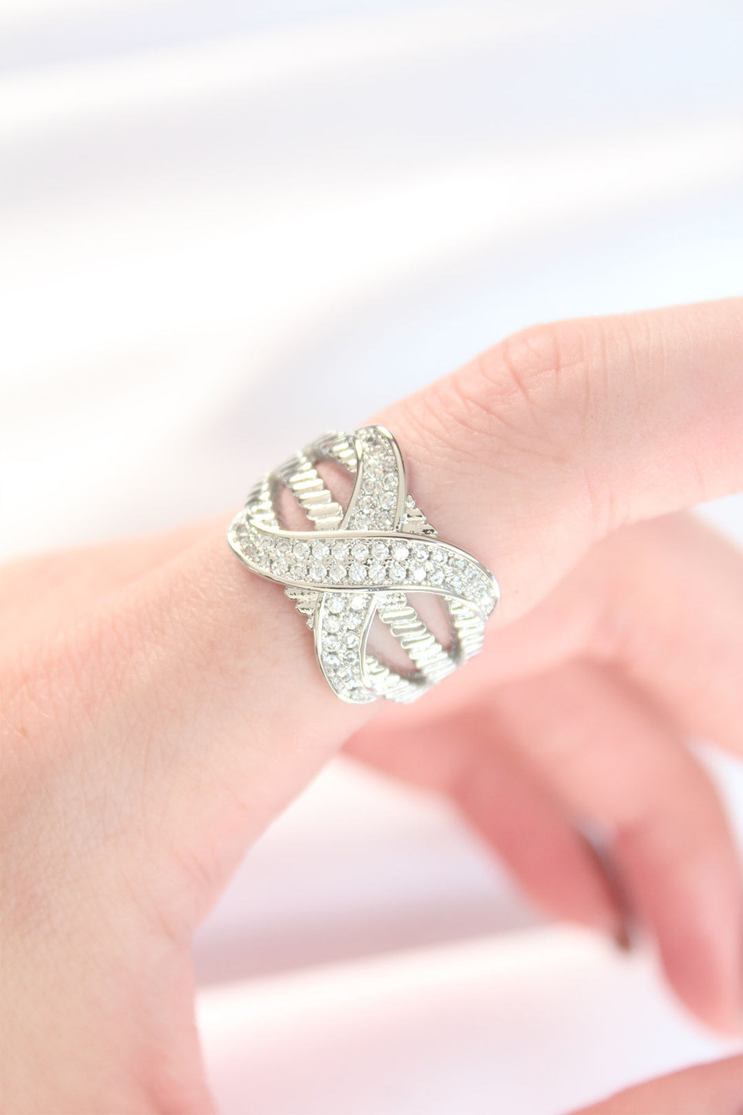 EBJ Thick Zircon Stone Silver Color Adjustable X Design Ring - Alicante