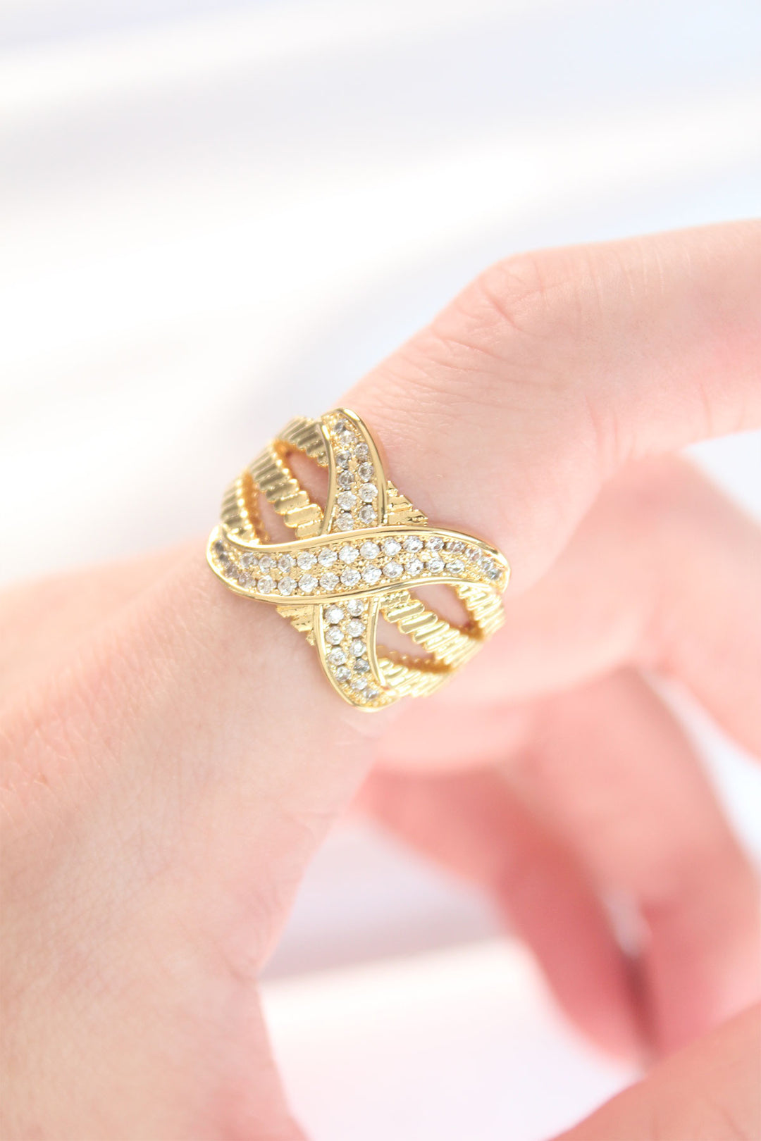 EBJ Thick Zircon Stone Gold Color Adjustable X Design Ring - Olbia