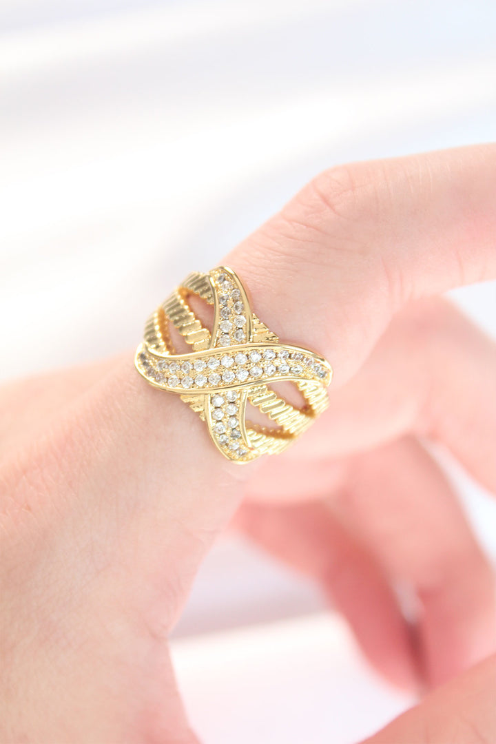 EBJ Thick Zircon Stone Gold Color Adjustable X Design Ring - Olbia