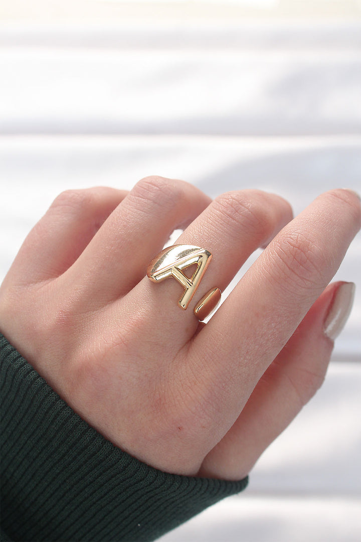 EBJ A Letter Gold Color Adjustable Ring - Tepic