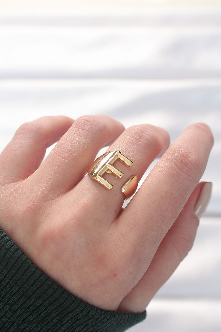 EBJ Gold Adjustable Ring with E Initial - Broken Arrow