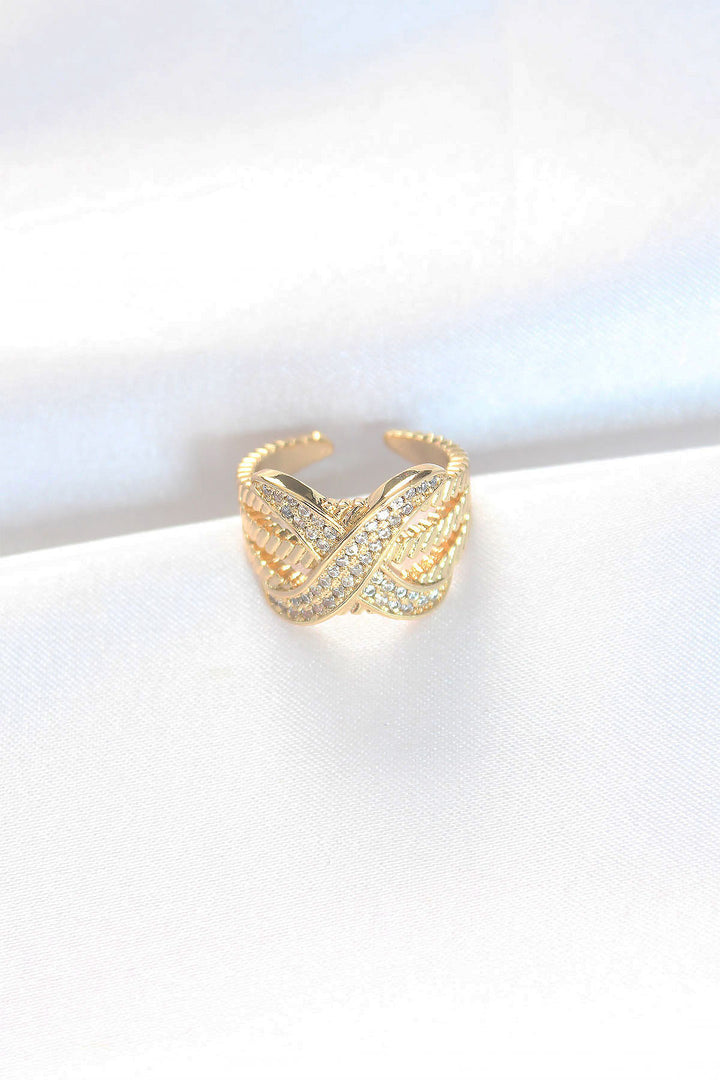 EBJ Thick Zircon Stone Gold Color Adjustable X Design Ring - Olbia