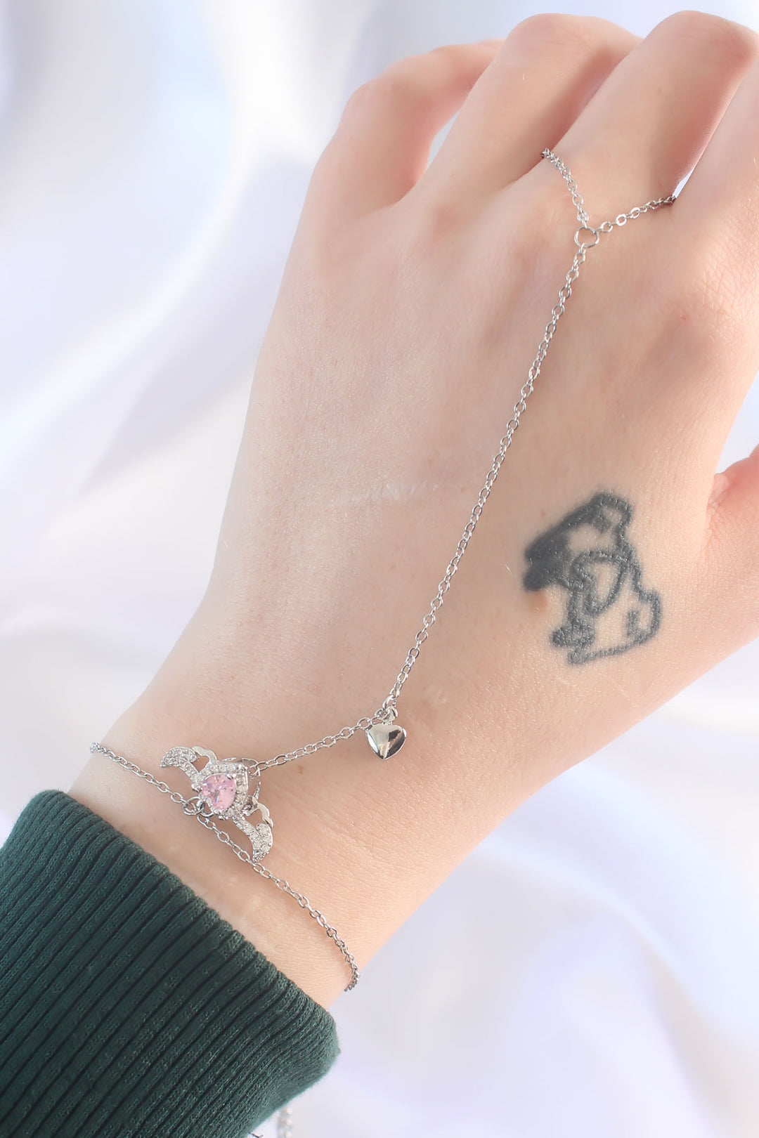 EBJ 316L Steel Silver Color Pink Zircon Stone Winged Heart Model Şahmeran - Forest