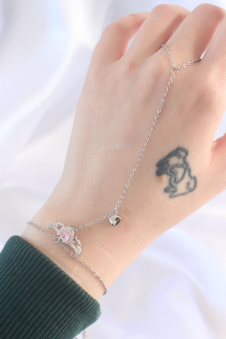 EBJ 316L Steel Silver Color Pink Zircon Stone Winged Heart Model Şahmeran - Forest