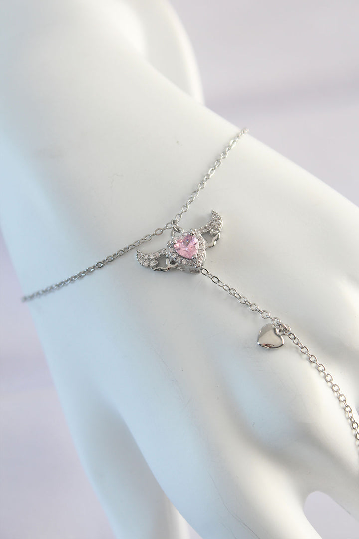 EBJ 316L Steel Silver Color Pink Zircon Stone Winged Heart Model Şahmeran - Forest