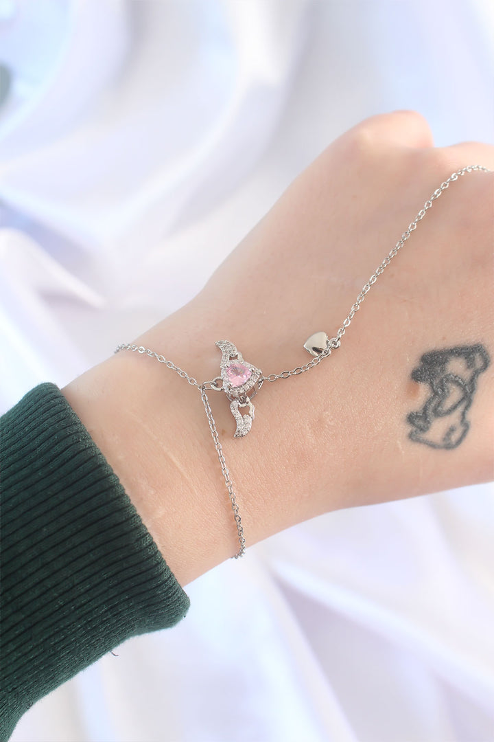 EBJ 316L Steel Silver Color Pink Zircon Stone Winged Heart Model Şahmeran - Forest