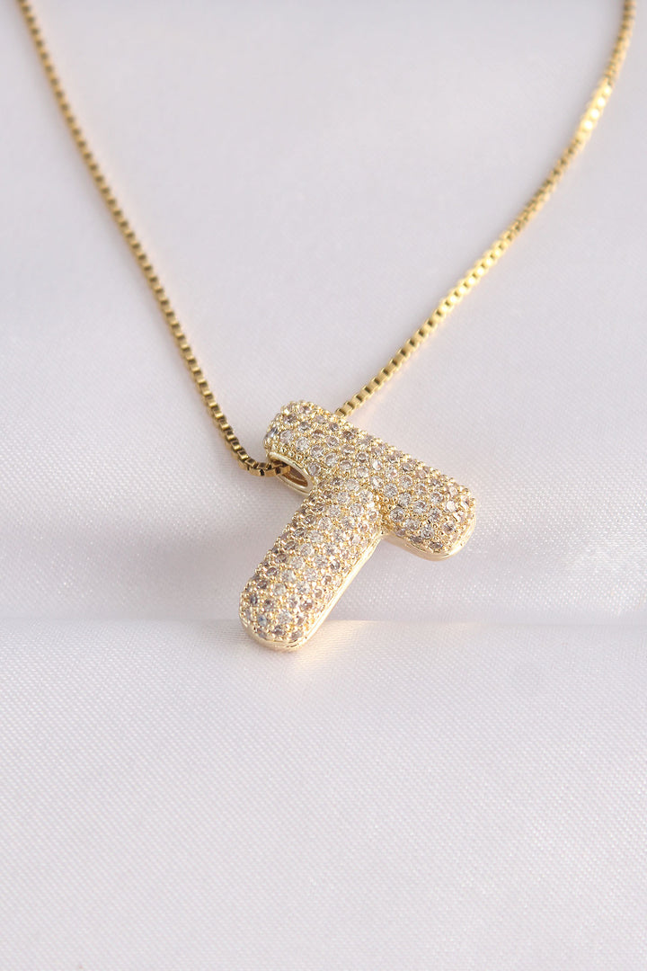 EBJ 316L Stainless Steel Chain with Zircon Stone T Letter Gold Color Bubble Necklace - Welland