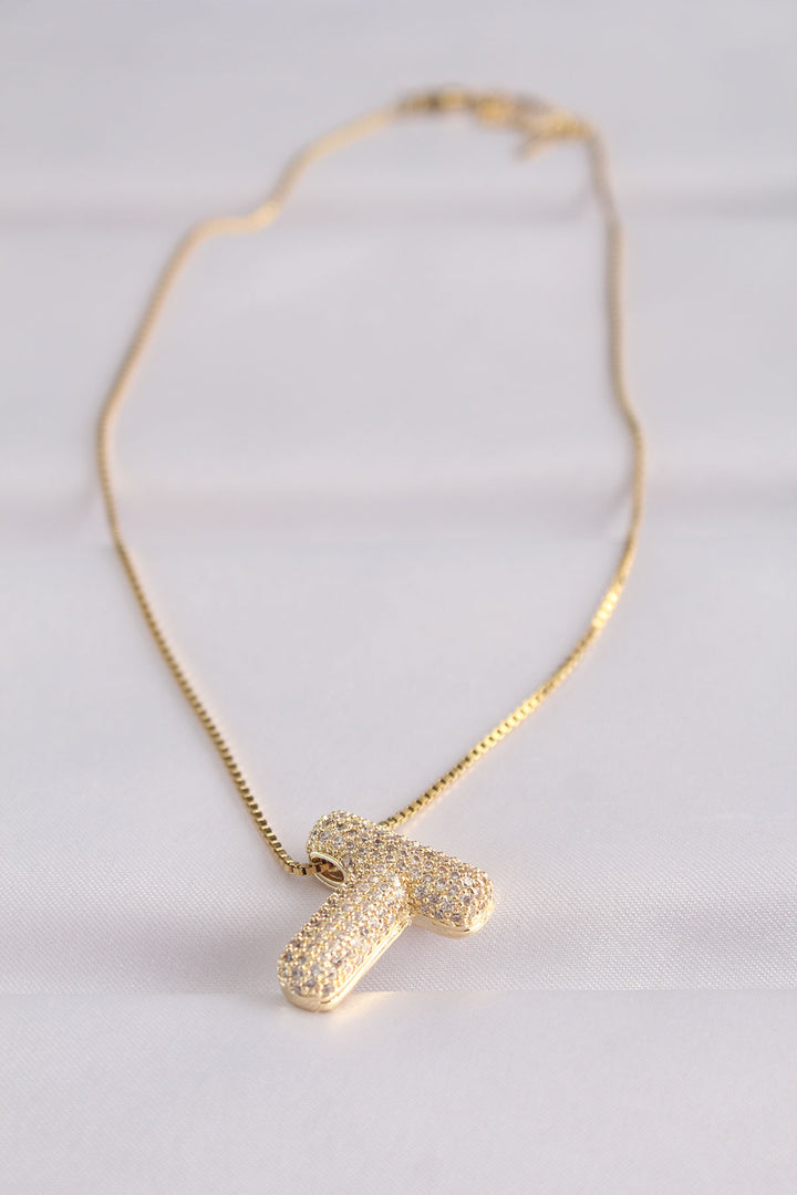 EBJ 316L Stainless Steel Chain with Zircon Stone T Letter Gold Color Bubble Necklace - Welland
