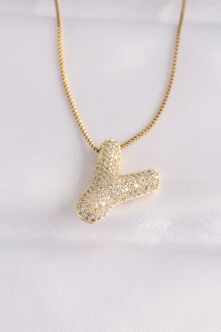 EBJ 316L Steel Chain Zircon Stone Y Initial Gold Color Bubble Necklace - Rochester