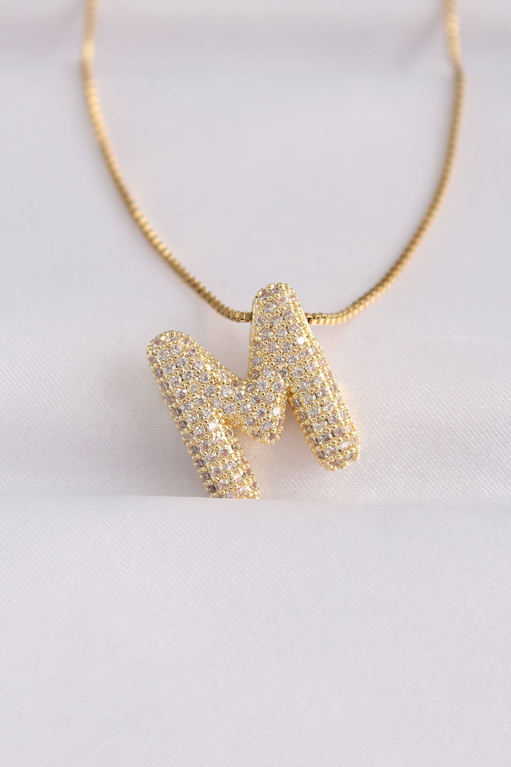 EBJ 316L Steel Chain with Zircon Stone Letter M Gold Color Bubble Necklace - Auxerre