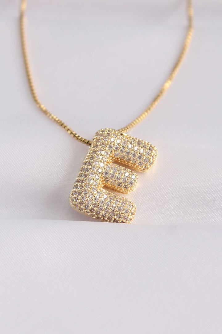 EBJ 316L Steel Chain with Zircon Stone Letter E Gold Color Bubble Necklace - Gjilan