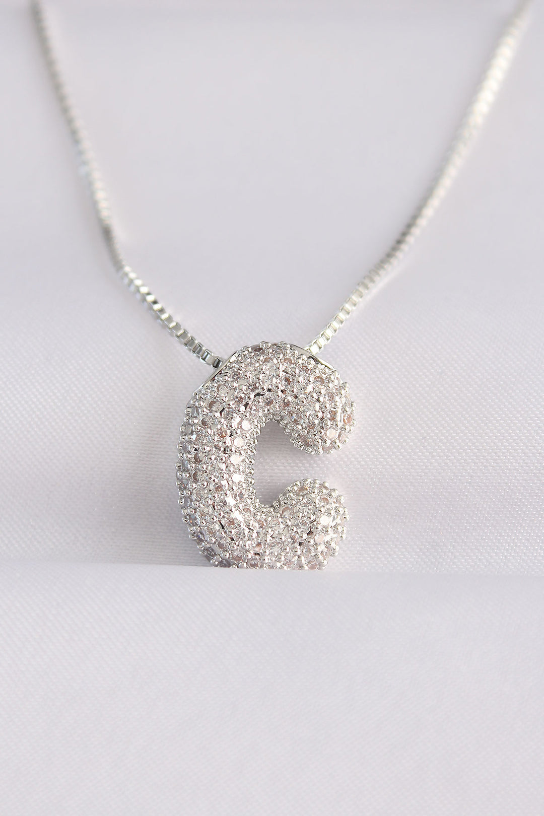 EBJ 316L Stainless Steel Chain with Zircon Stone Letter C Silver Color Bubble Necklace - Alexandria
