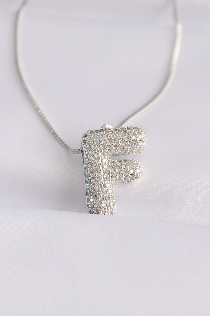EBJ 316L Steel Chain with Zircon Stone F Letter Silver Color Bubble Necklace - Coeur dAlene