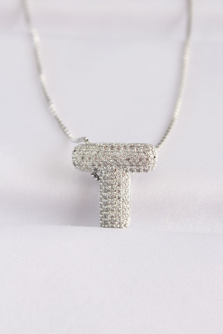 EBJ 316L Steel Chain with Zircon Stone T Letter Silver Color Bubble Necklace - Buffalo