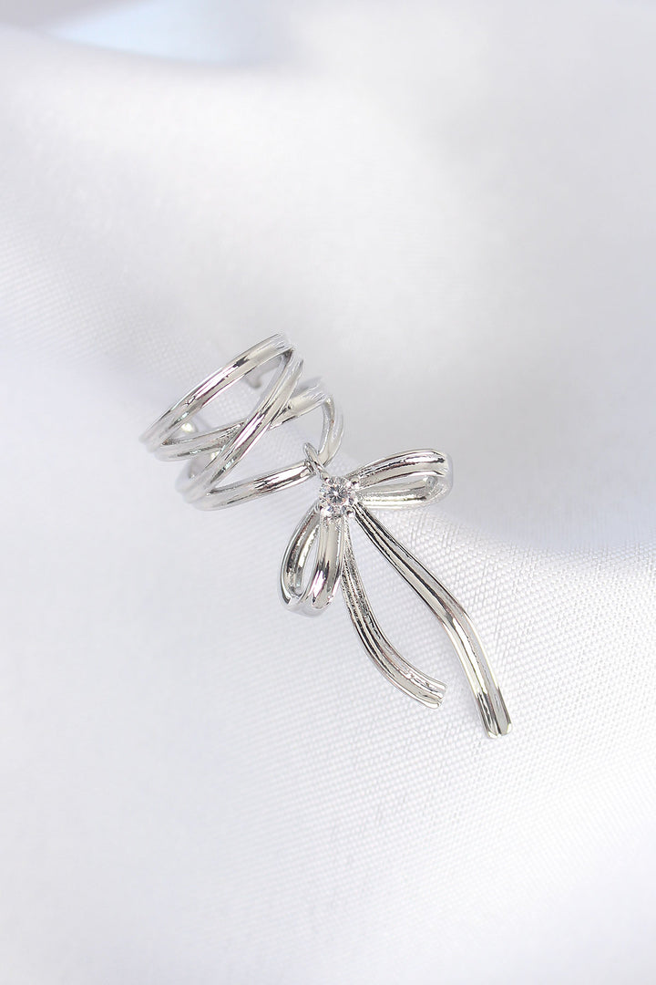 EBJ Rice Silver Color Zircon Stone Detail Bow Model Earcuff Earring - Millcreek