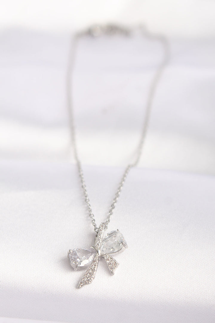 EBJ 316L Stainless Steel Chain Silver Color Zircon Stone Bow Necklace - Ponferrada
