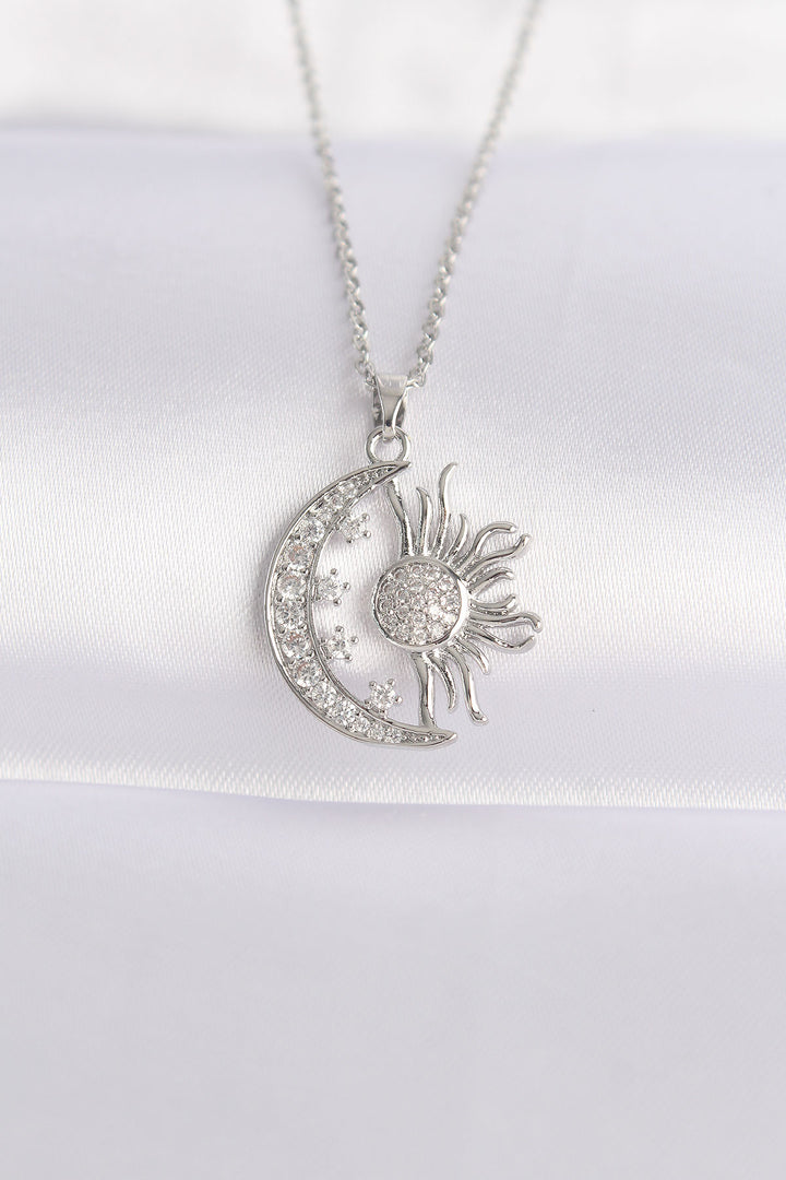 EBJ 316L Stainless Steel Chain Silver Color Sun Detail Moon Necklace with Zircon Stone - Lluchmayor