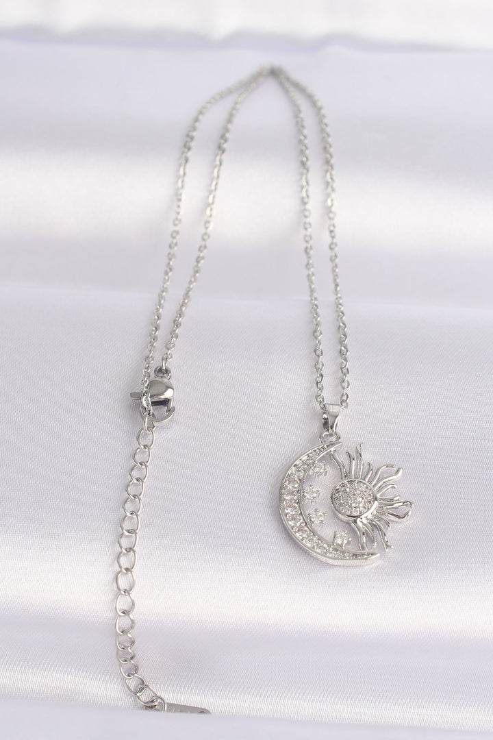 EBJ 316L Stainless Steel Chain Silver Color Sun Detail Moon Necklace with Zircon Stone - Lluchmayor