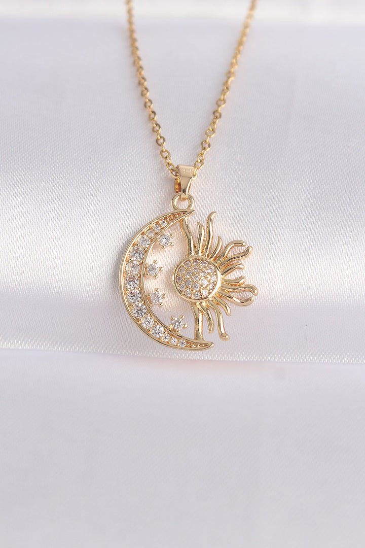 EBJ 316L Steel Chain Gold Color Sun Detail Moon Necklace with Zircon Stone - Vitrolles