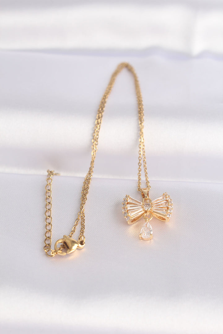 EBJ 316L Steel Chain Gold Color Zircon Stone Heart Detail Bow Necklace - Sykiés