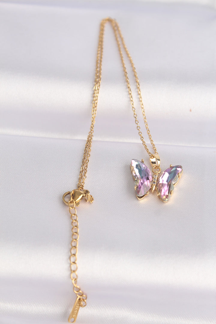 EBJ 316L Steel Chain Gold Color Chain Purple Butterfly Model Colorful Zircon Stone Necklace - Don Benito