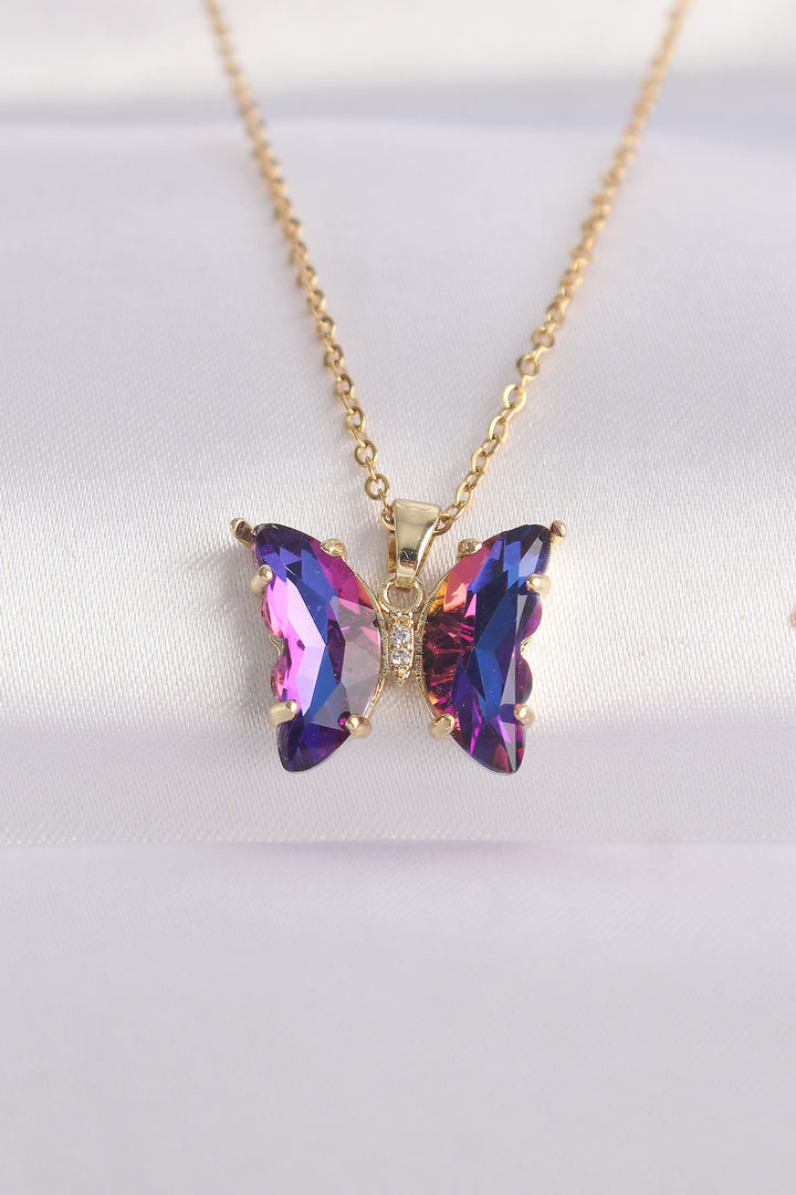 EBJ 316L Steel Chain Gold Color Chain Purple Butterfly Model Colorful Zircon Stone Necklace - Seixal