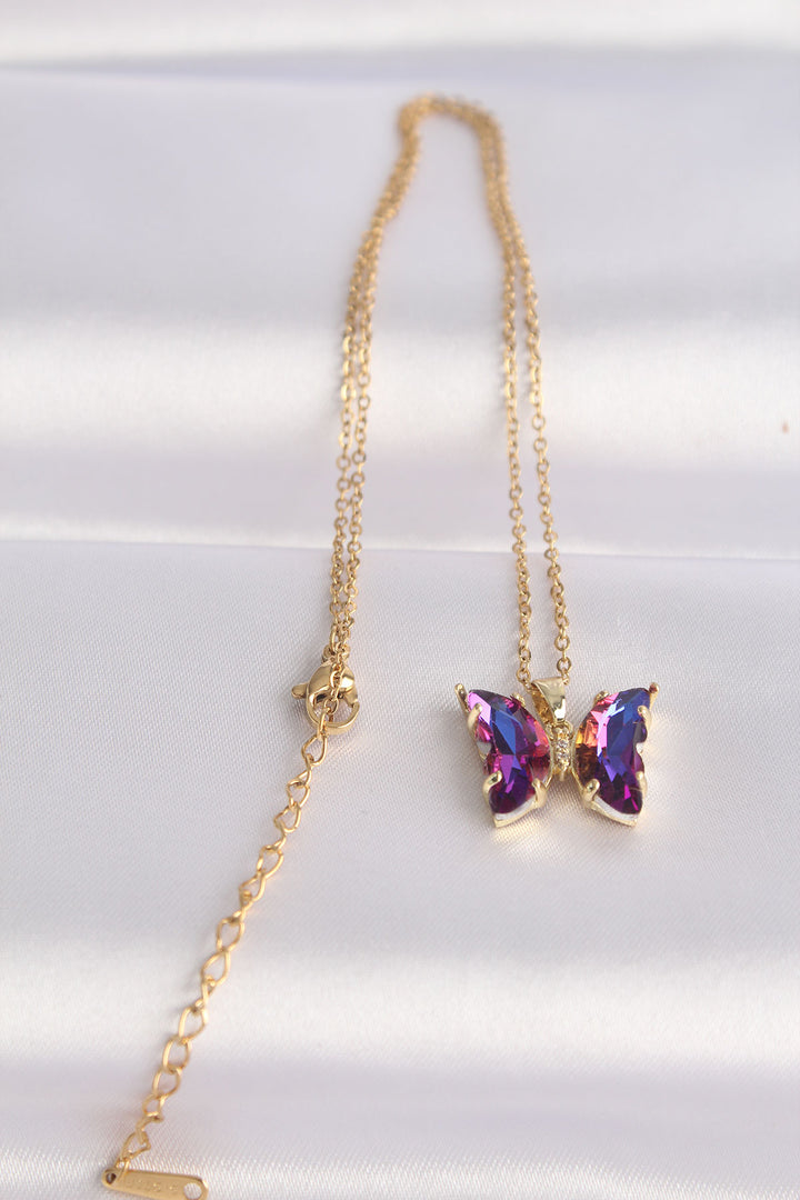 EBJ 316L Steel Chain Gold Color Chain Purple Butterfly Model Colorful Zircon Stone Necklace - Seixal