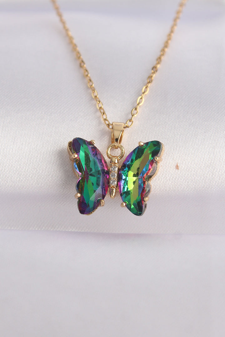 EBJ 316L Steel Chain Gold Color Chain Green Butterfly Model Colorful Zircon Stone Necklace - Portsmouth