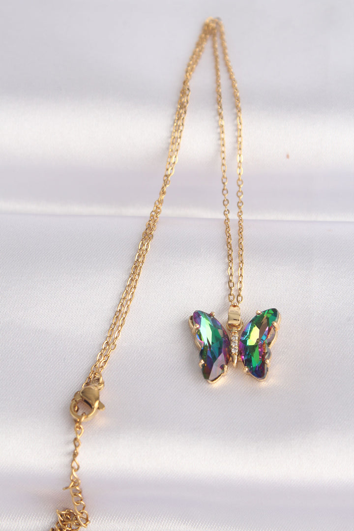 EBJ 316L Steel Chain Gold Color Chain Green Butterfly Model Colorful Zircon Stone Necklace - Portsmouth