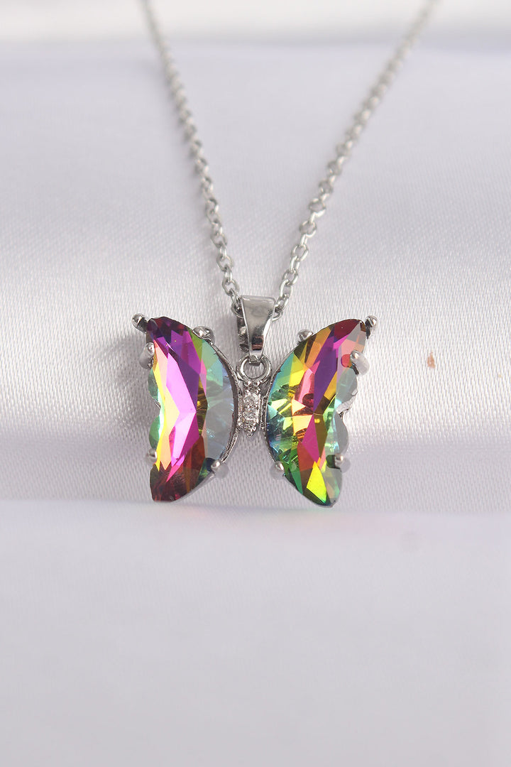 EBJ 316L Stainless Steel Chain Silver Color Chain Green Butterfly Model Colorful Zircon Stone Necklace - Marysville