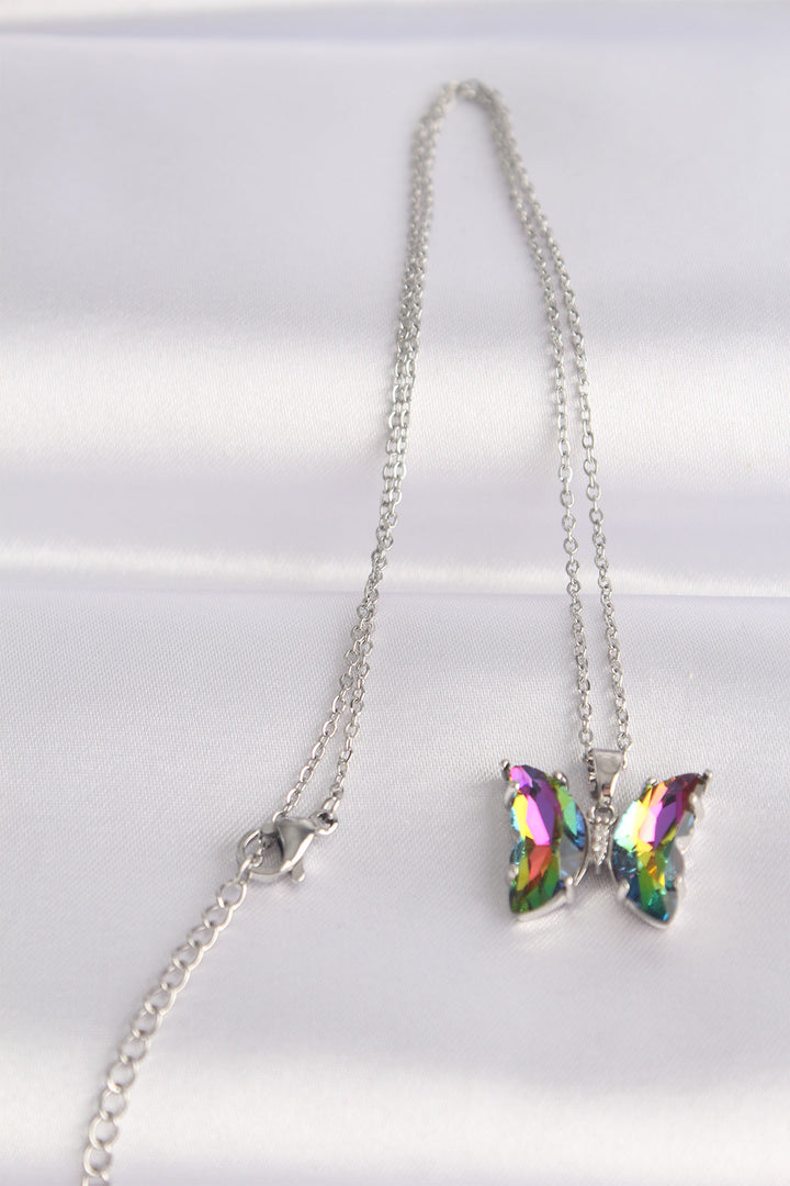 EBJ 316L Stainless Steel Chain Silver Color Chain Green Butterfly Model Colorful Zircon Stone Necklace - Marysville