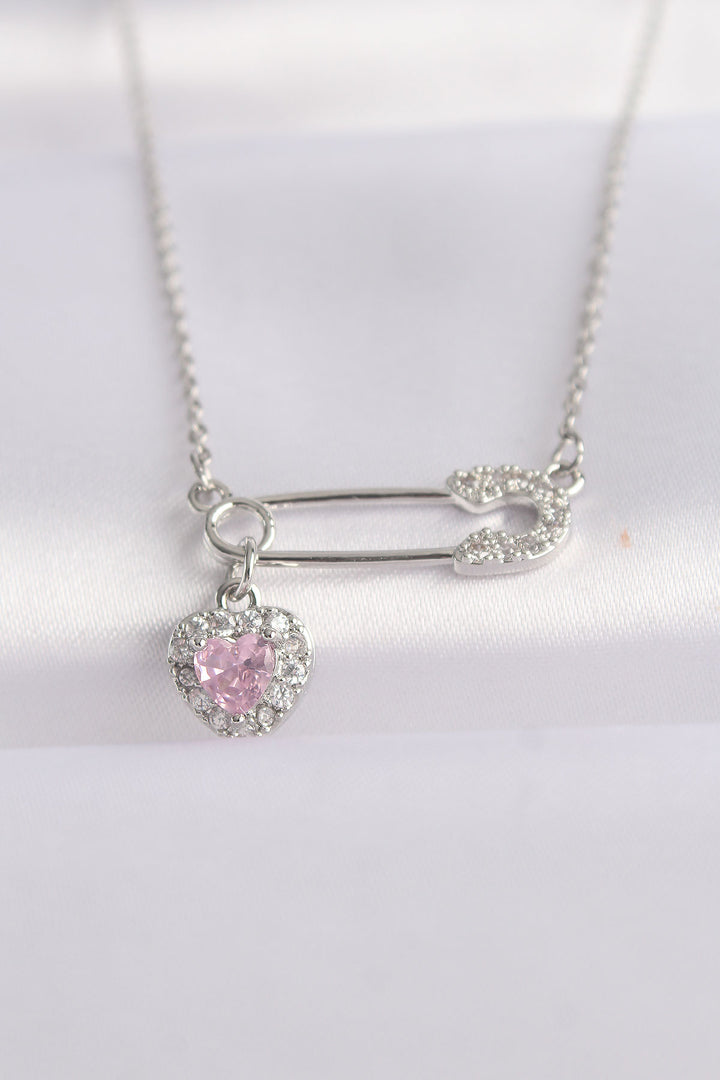 EBJ 316L Stainless Steel Chain Silver Color Zircon Stone Heart Detail Safety Pin Designed Necklace - Berchem