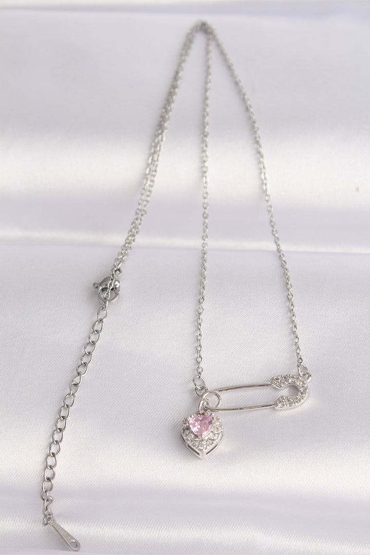EBJ 316L Stainless Steel Chain Silver Color Zircon Stone Heart Detail Safety Pin Designed Necklace - Berchem