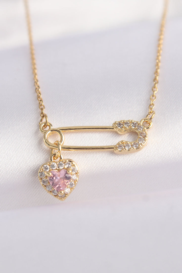 EBJ 316L Steel Chain Gold Color Zircon Stone Heart Detail Safety Pin Designed Necklace - Wilmington