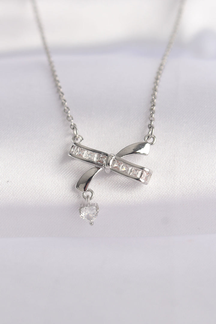 EBJ 316L Stainless Steel Chain Silver Color Zircon Stone Heart Detail Bow Necklace - Saginaw