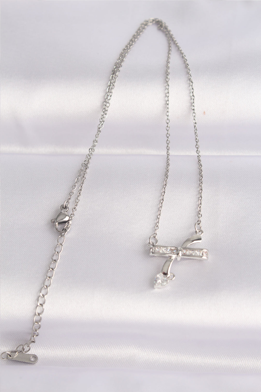 EBJ 316L Stainless Steel Chain Silver Color Zircon Stone Heart Detail Bow Necklace - Saginaw