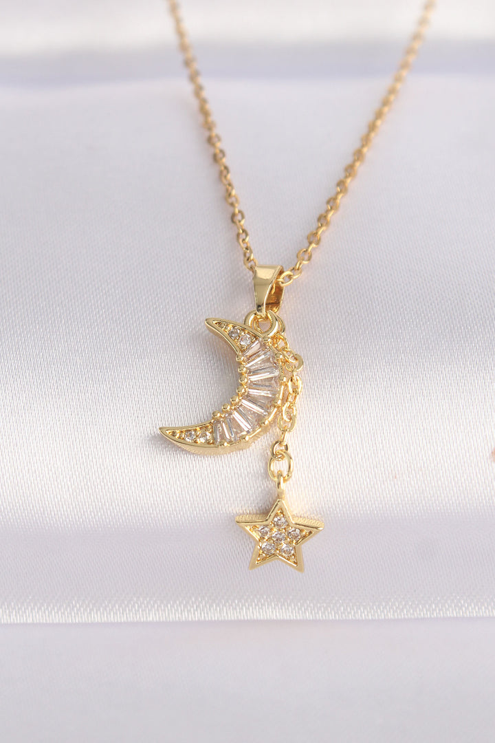 EBJ 316L Steel Chain Gold Color with Zircon Stone Crescent Moon Star Necklace - De Bilt
