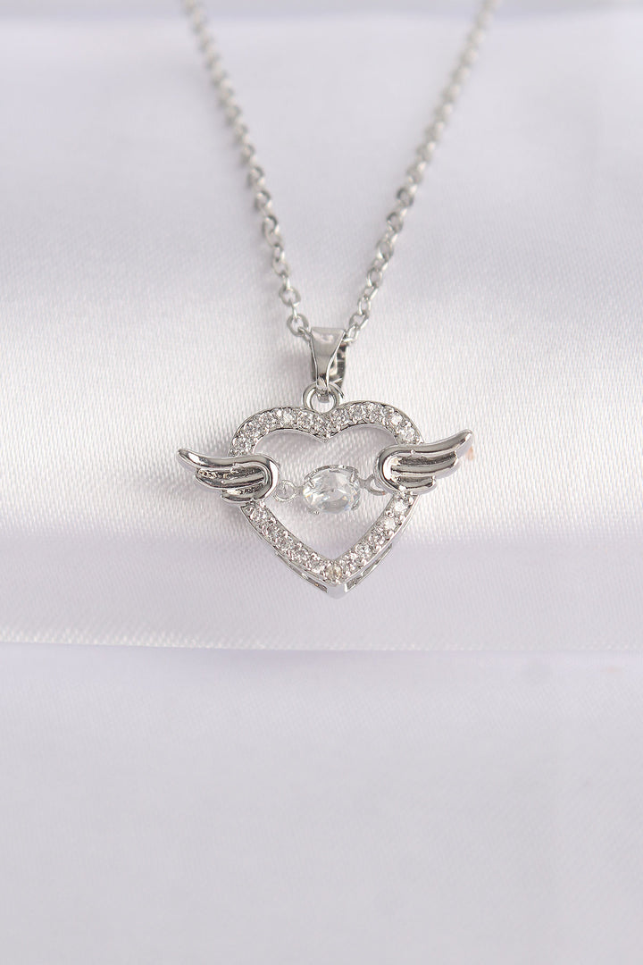 EBJ 316L Stainless Steel Chain Silver Color Winged Heart Necklace with Zircon Stone - Porirua