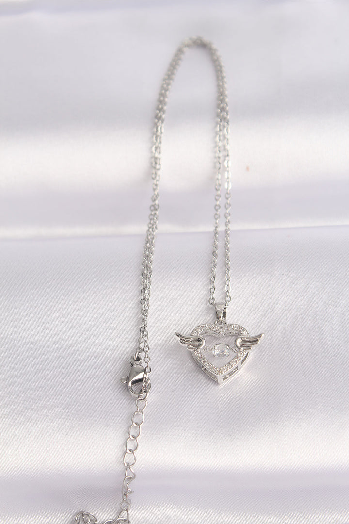 EBJ 316L Stainless Steel Chain Silver Color Winged Heart Necklace with Zircon Stone - Porirua