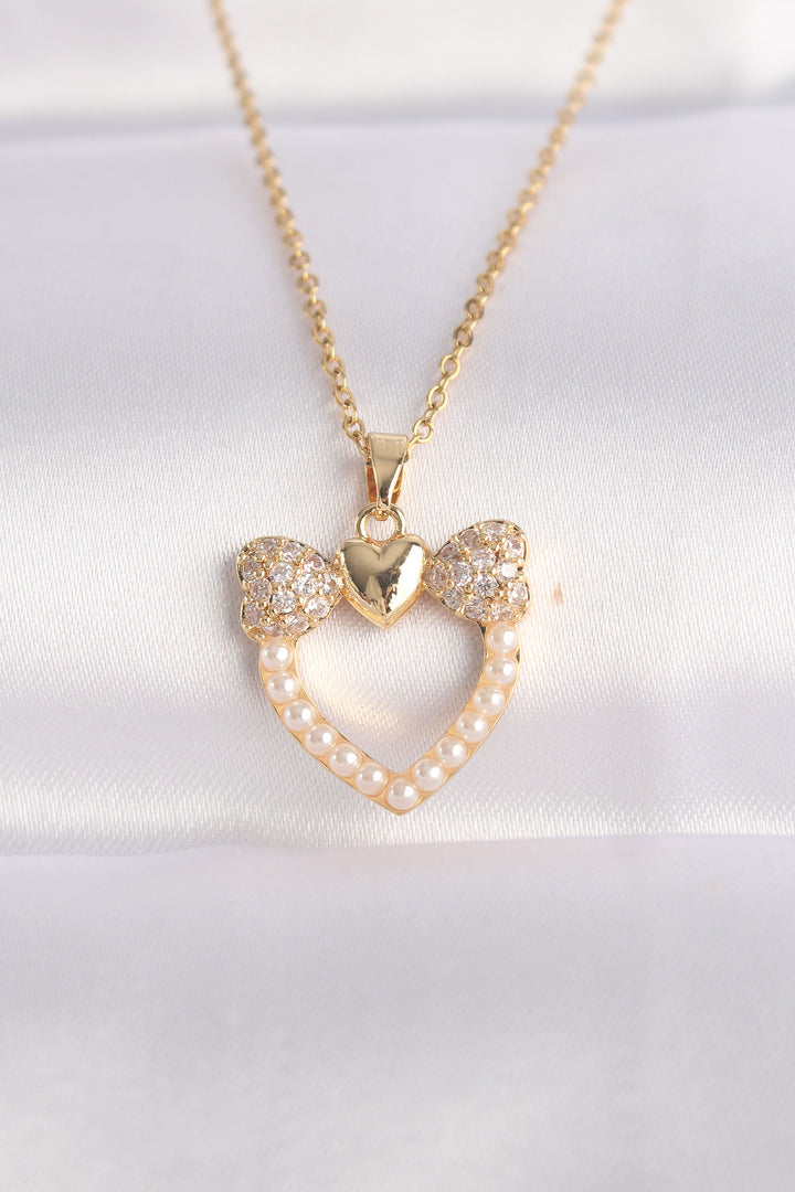EBJ 316L Steel Chain Gold Color Pearl Stone Detail Zircon Stone Heart Necklace - Zográfos
