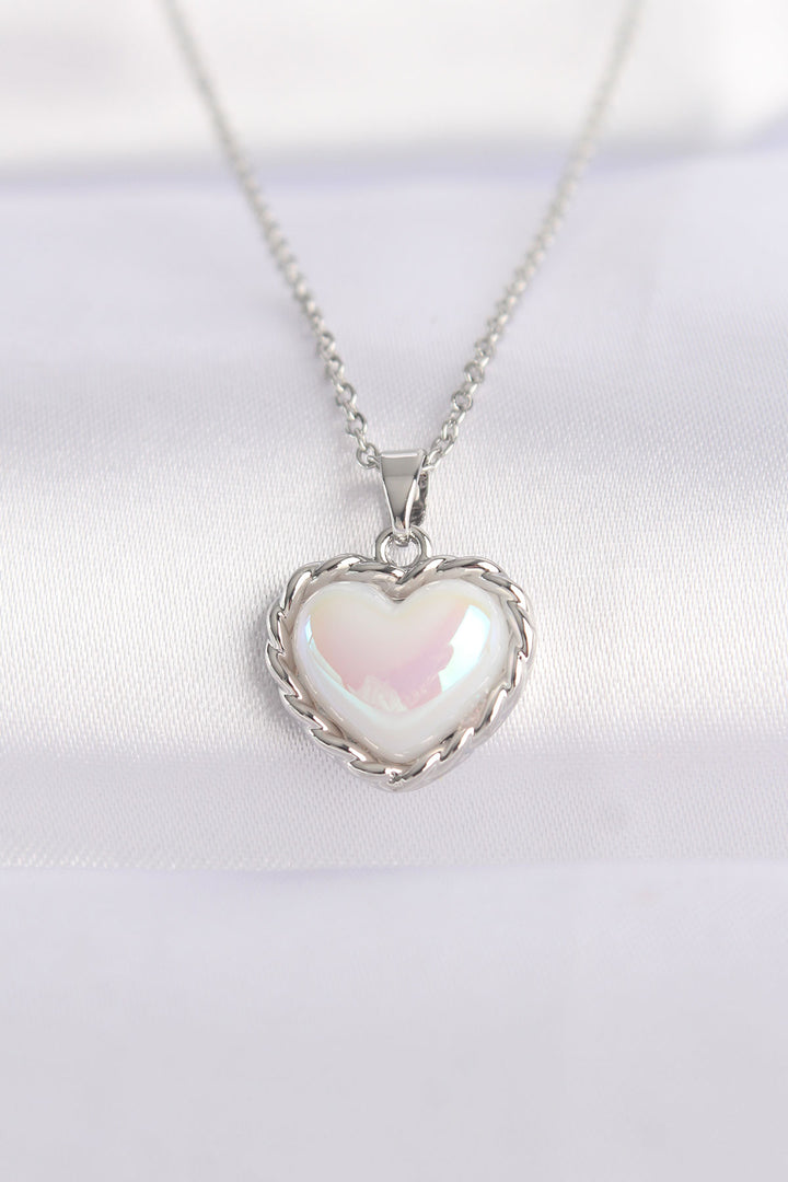 EBJ 316L Stainless Steel Chain Silver Color White Stone Embossed Heart Necklace - Lac-Brome